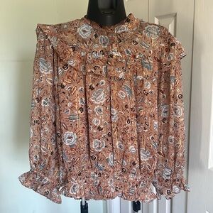Ann Taylor Blouse Small Amber Gold Floral High Neck* Ruffles Peasant Boho.